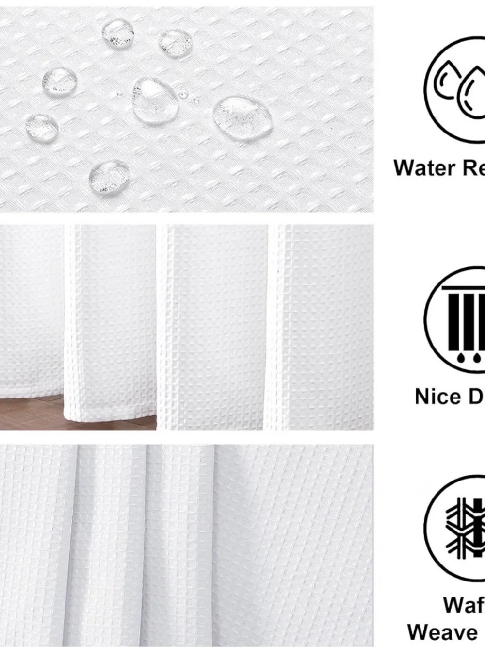 White Shower Waffle Weave Heavy Fabric Shower Curtain Hotel Style 72” X 72”